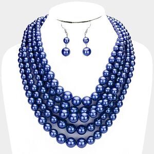 Pearl (faux) Navy Blue 5 Strand Silver Tone Necklace & Earring Set